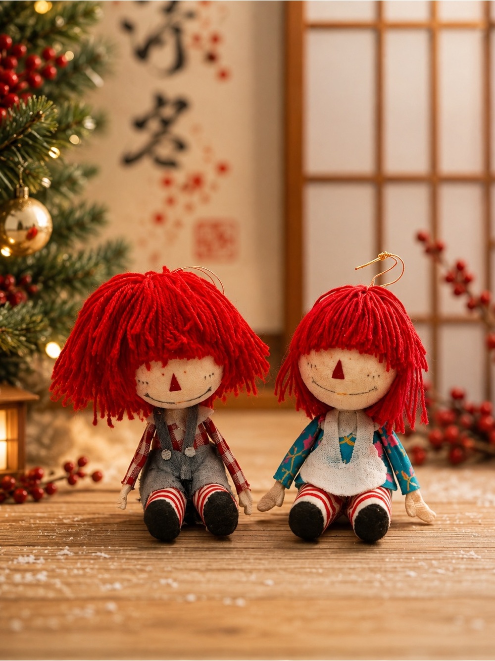 Vintage Circa 1950s Raggedy Ann & Andy Doll Christmas Ornaments Japan